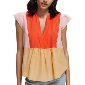 SCOTCH & SODA Colorblock Silk-blend Top Medium Pink Orange Cap Sleeve Boxy